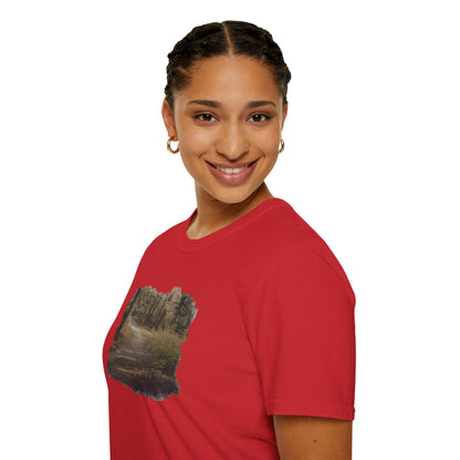 Vintage forest landscape T-shirt by Printify featuring a nature pathway design on a comfortable casual tee.