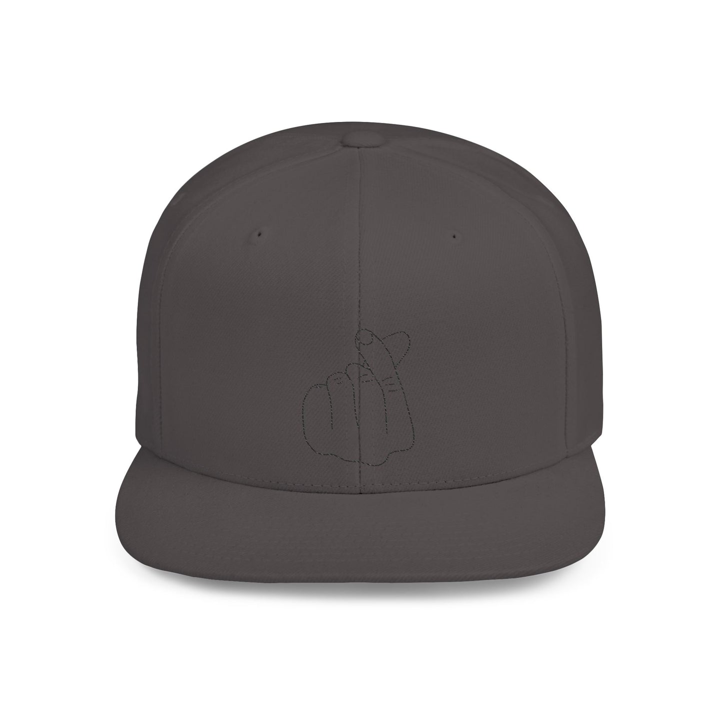 Minimalist hand gesture flat bill snapback hat by Printify featuring a simple, modern design in neutral tones.
