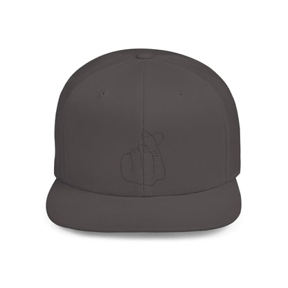 Minimalist hand gesture flat bill snapback hat by Printify featuring a simple, modern design in neutral tones.