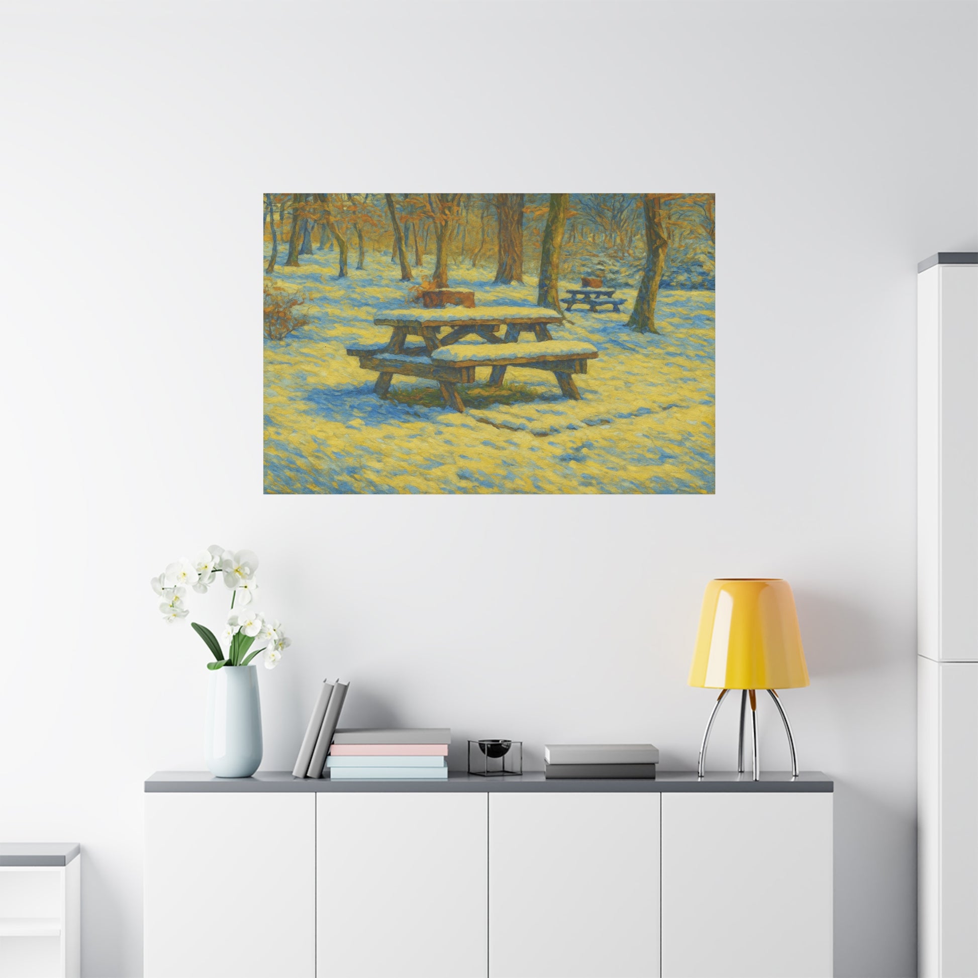 Winter picnic canvas print by Printify showing a snow-covered park bench wall art for cozy holiday decor.
