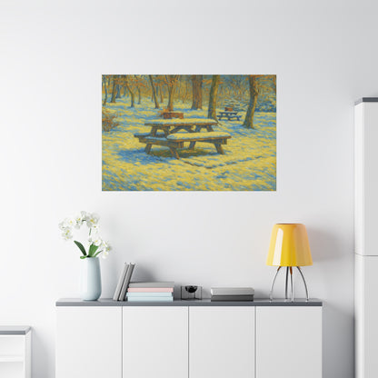 Winter picnic canvas print by Printify showing a snow-covered park bench wall art for cozy holiday decor.