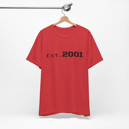 Retro minimalist Est. 2001 graphic T-shirt by Printify featuring a simple birthyear design on a casual cotton tee.