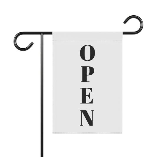 Open for Business garden flag with "Welcome" message, hanging outdoors on a garden or yard for a welcoming display.