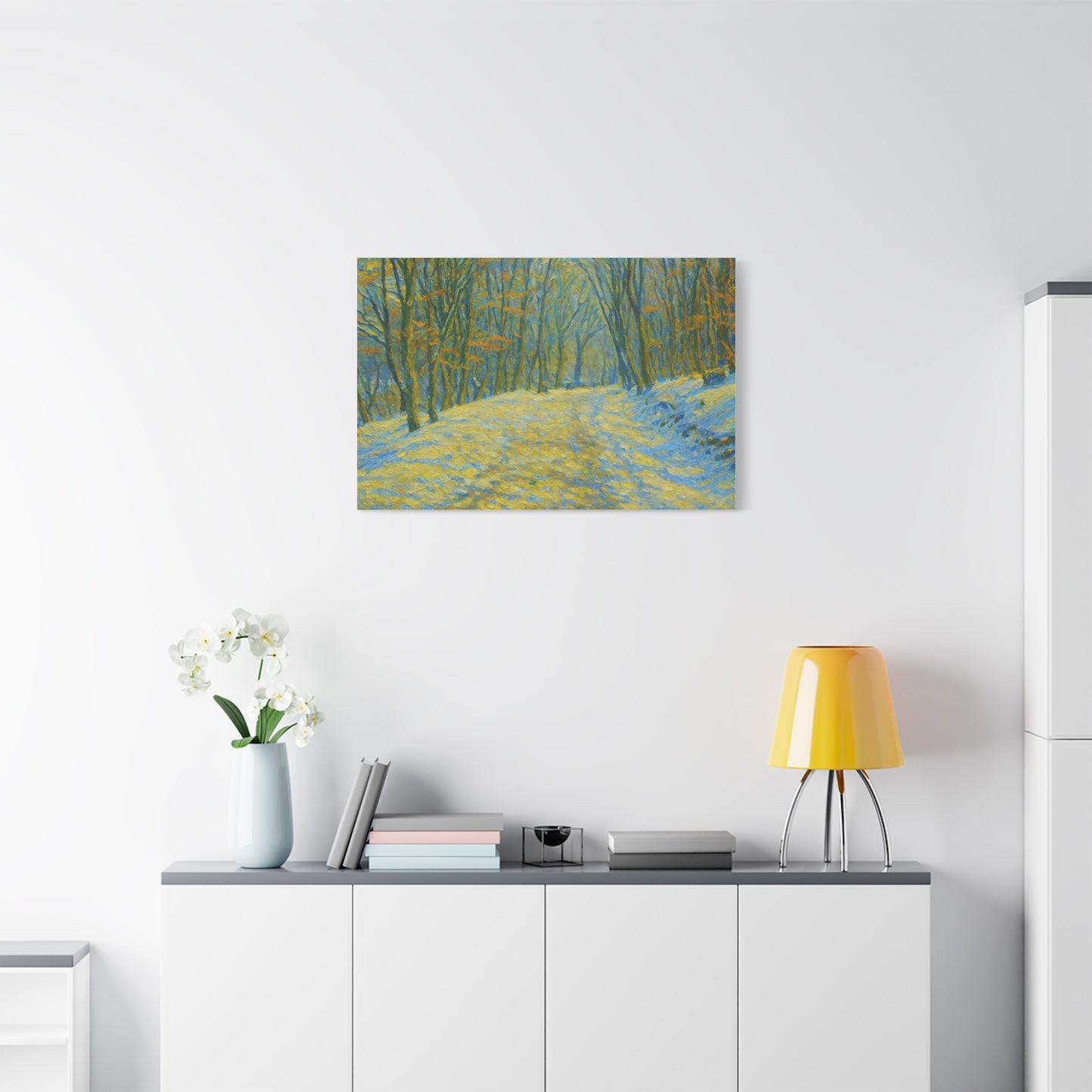 Winter landscape canvas wall art by Printify featuring a cozy nature scene, perfect for living room decor.
