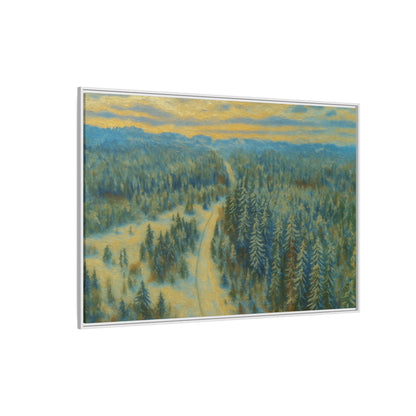 Framed matte canvas print of a serene winter forest landscape by Printify, showcasing snow-covered trees and peaceful scenery.