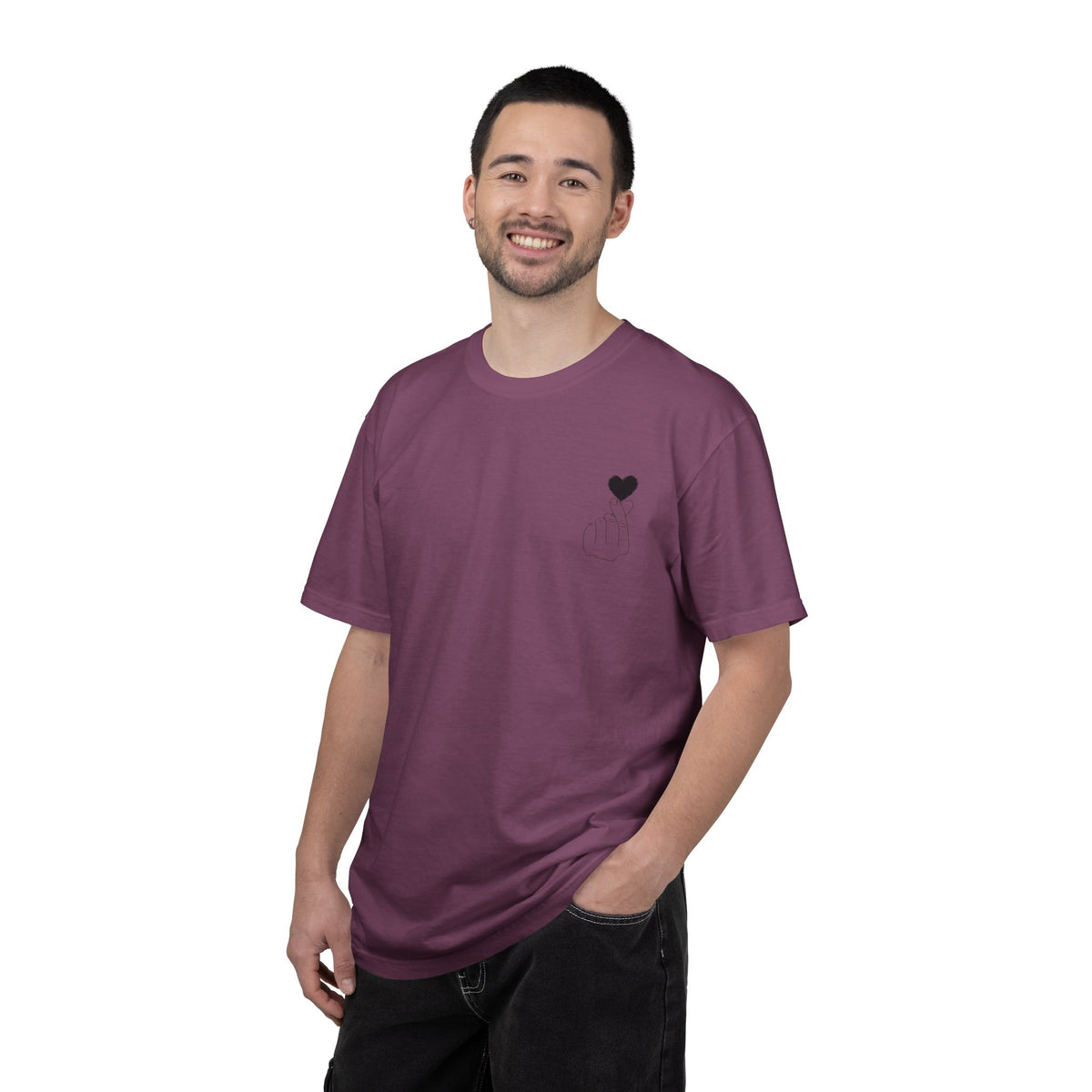 Black T-shirt with a minimal white finger heart graphic, casual style, by Printify.