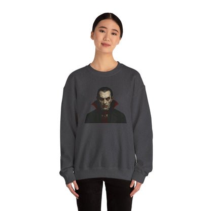 Vampire portrait crewneck sweatshirt by Printify featuring a detailed vampire design on a black cotton sweatshirt.