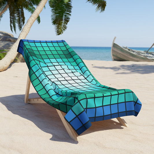 Turquoise mosaic grid beach towel with blue and green checkered pattern, made by Printify for vibrant summer swimwear.