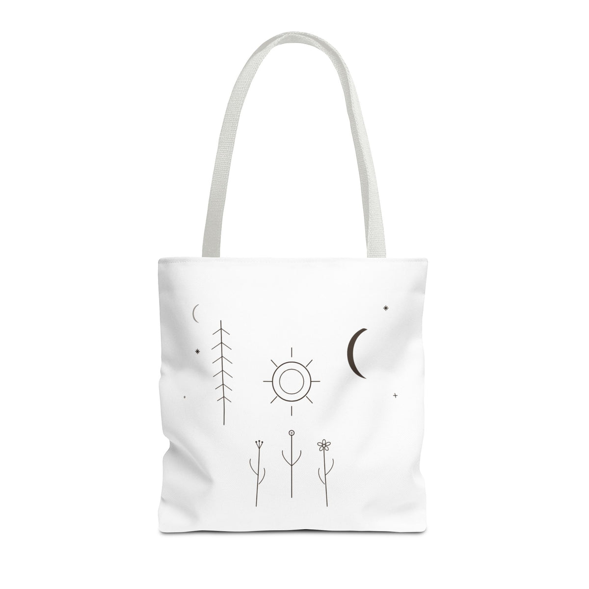 Minimal moon and sun botanical tote bag with celestial line art design, crafted by Printify, featuring natural plant-inspired motifs.
