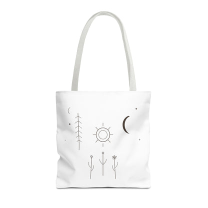 Minimal moon and sun botanical tote bag with celestial line art design, crafted by Printify, featuring natural plant-inspired motifs.