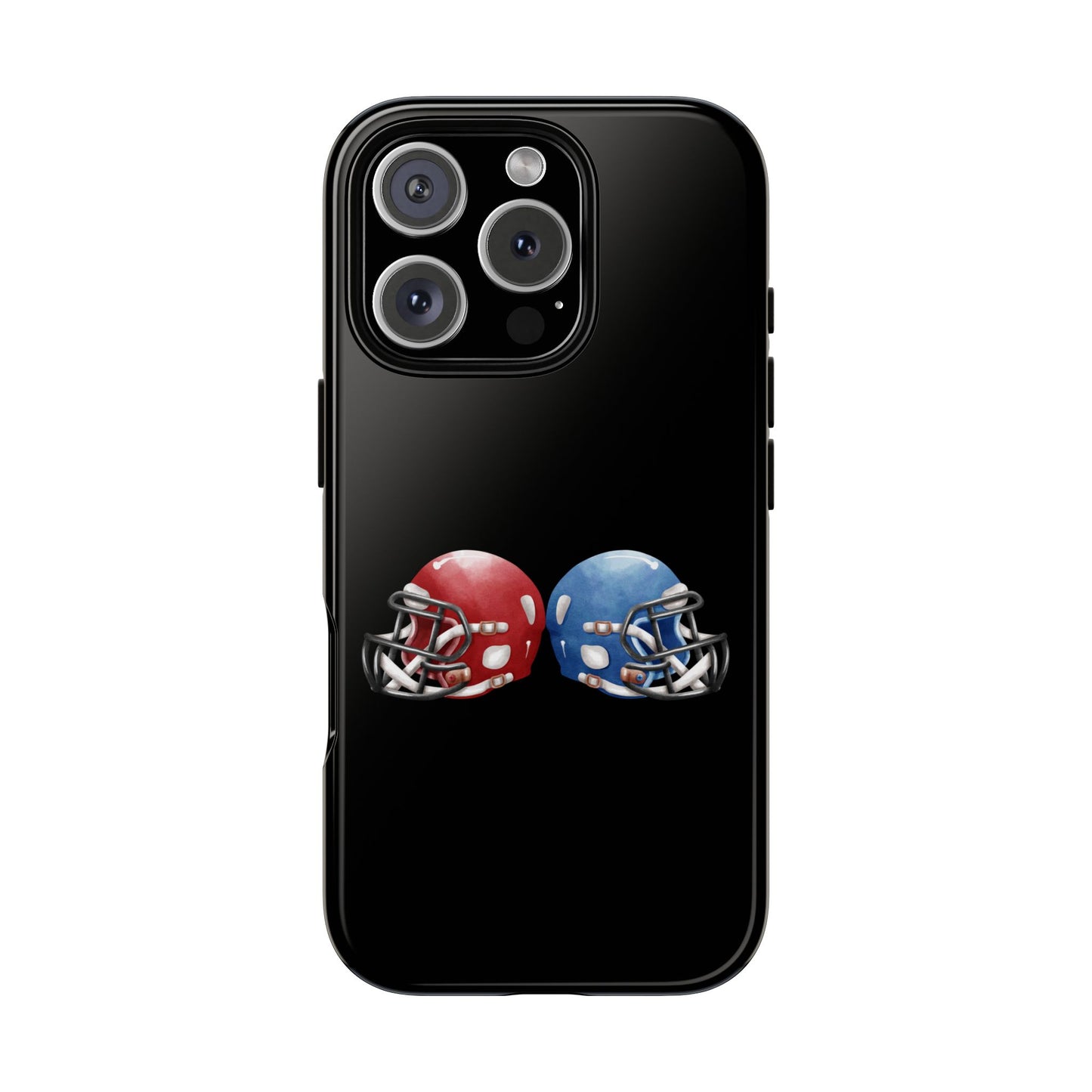 Red and blue football helmet design phone case for iPhone, protective Printify tough cover with sports-themed graphics.