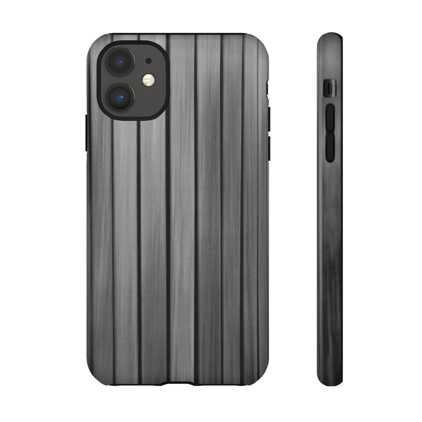 Ribbed metal texture phone case for iPhone, tough protective cover by Printify, with a sleek metallic finish.