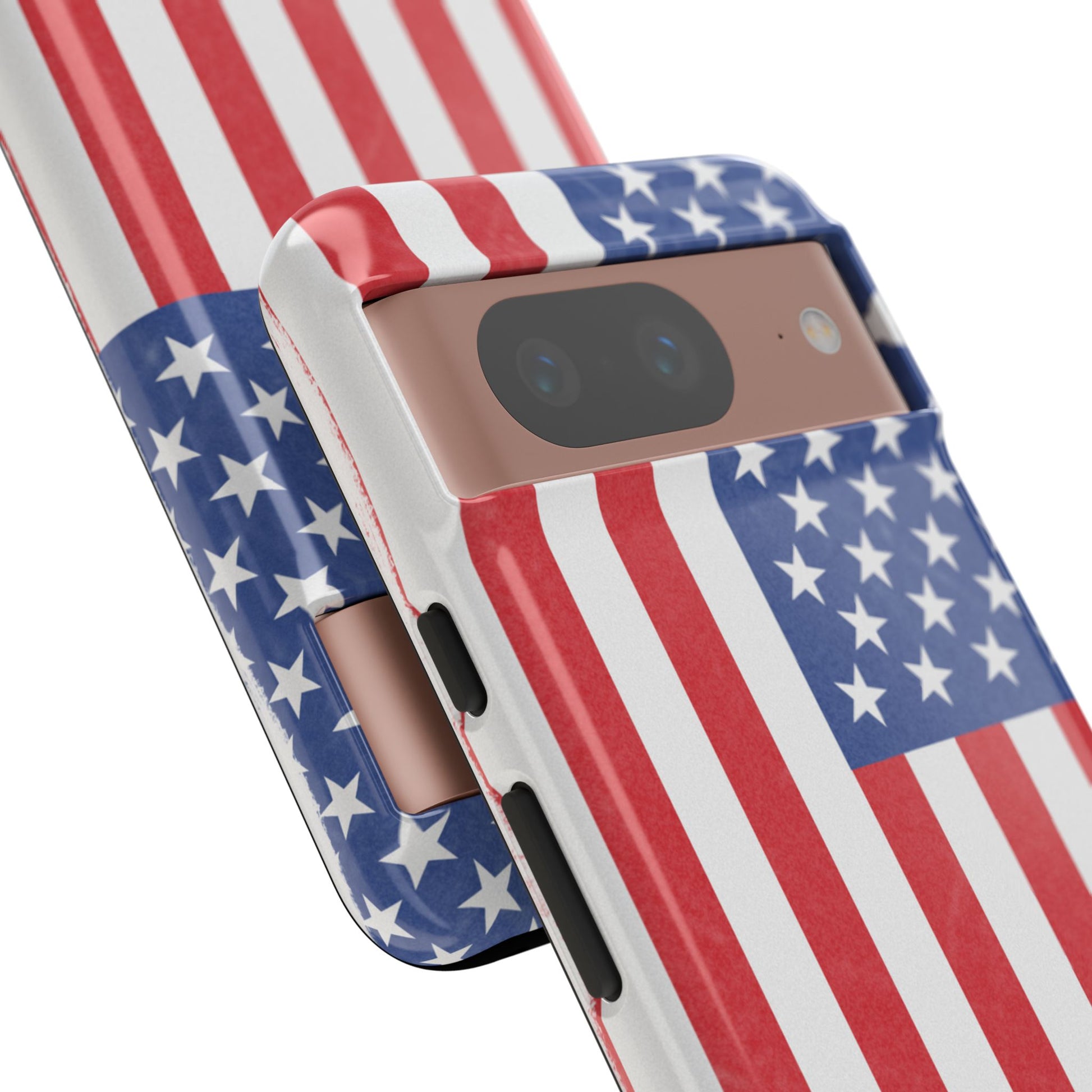 Durable American flag phone case for iPhone with patriotic design, made by Printify, featuring vibrant red, white, and blue colors.