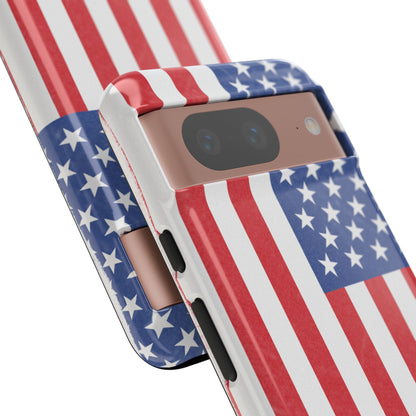 Durable American flag phone case for iPhone with patriotic design, made by Printify, featuring vibrant red, white, and blue colors.