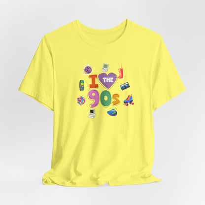 I  Love the 90's Short Sleeve Tee - Retro Graphic Tee, Vintage Style Shirt, Perfect for Casual Outings, 90s Nostalgia Apparel