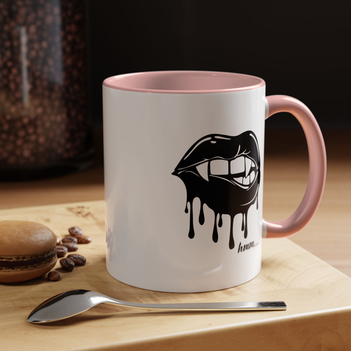 Black Dripping Lips Accent Coffee Mug with Bite graphic, 11oz or 15oz, featuring bold lip design and modern style.