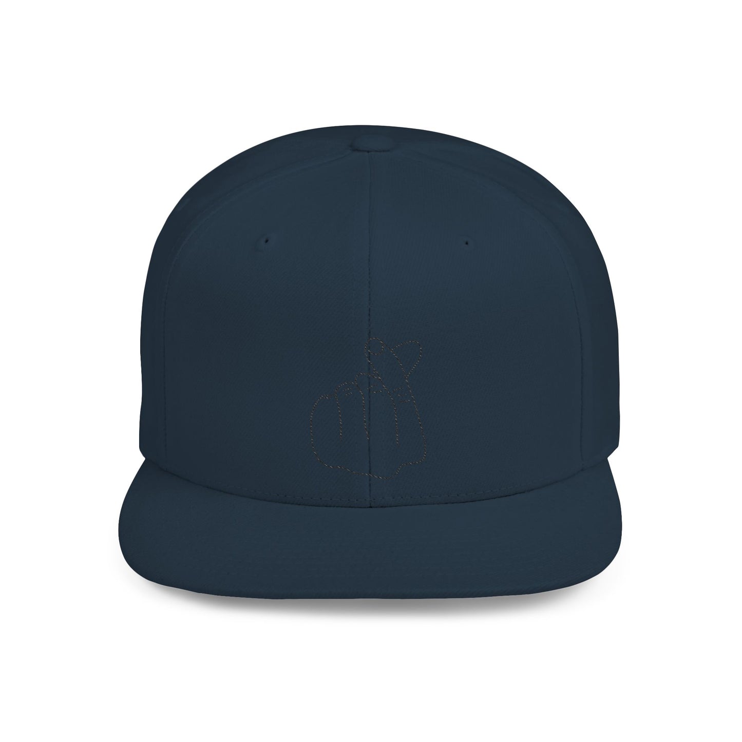 Minimalist hand gesture flat bill snapback hat by Printify, featuring a simple design and adjustable strap in a close-up view.