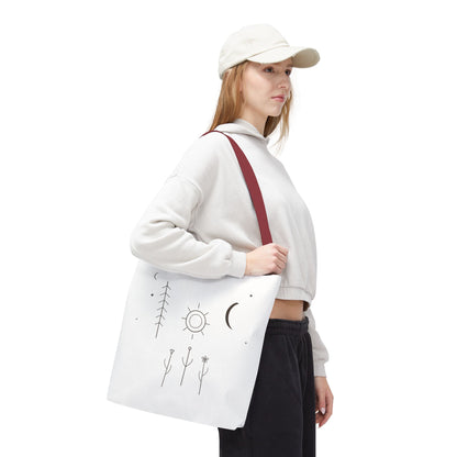 Minimal Moon and Sun botanical tote bag with celestial line art design, featuring nature-inspired artwork on a durable fabric bag.