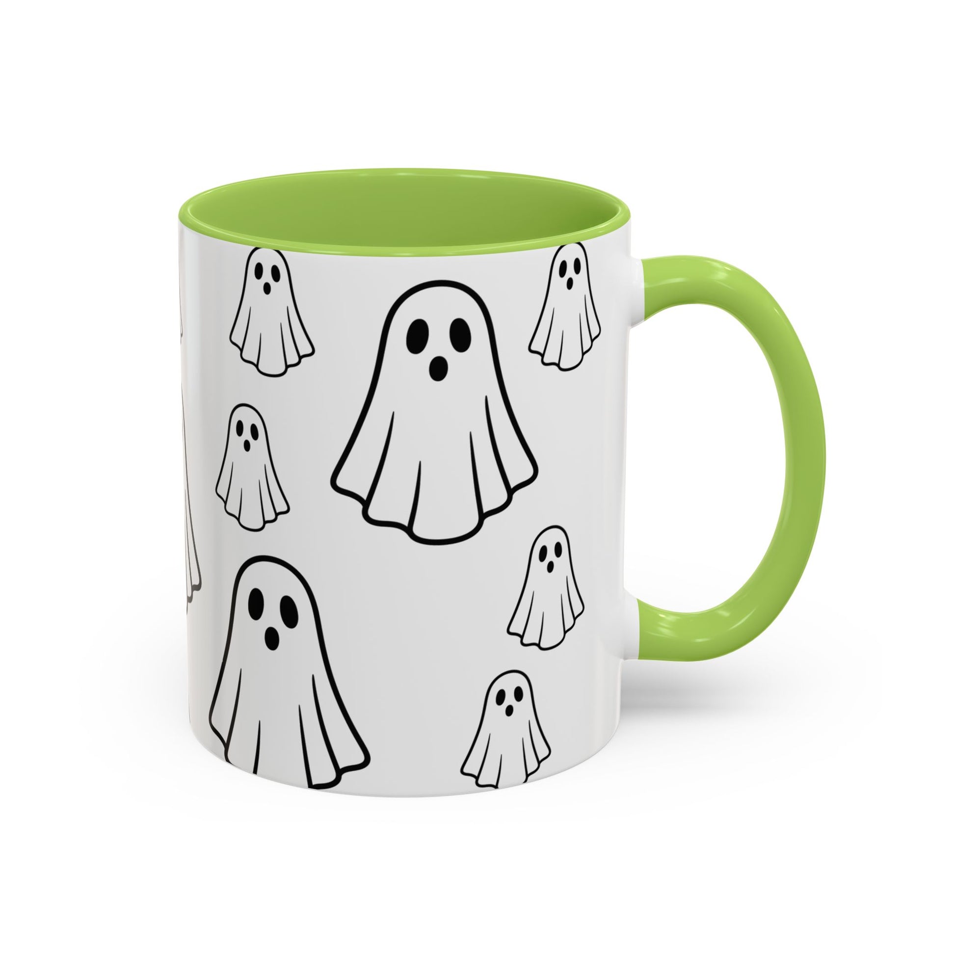 White ceramic ghost pattern accent coffee mug with Halloween-themed design, 11oz or 15oz capacity, by Printify.