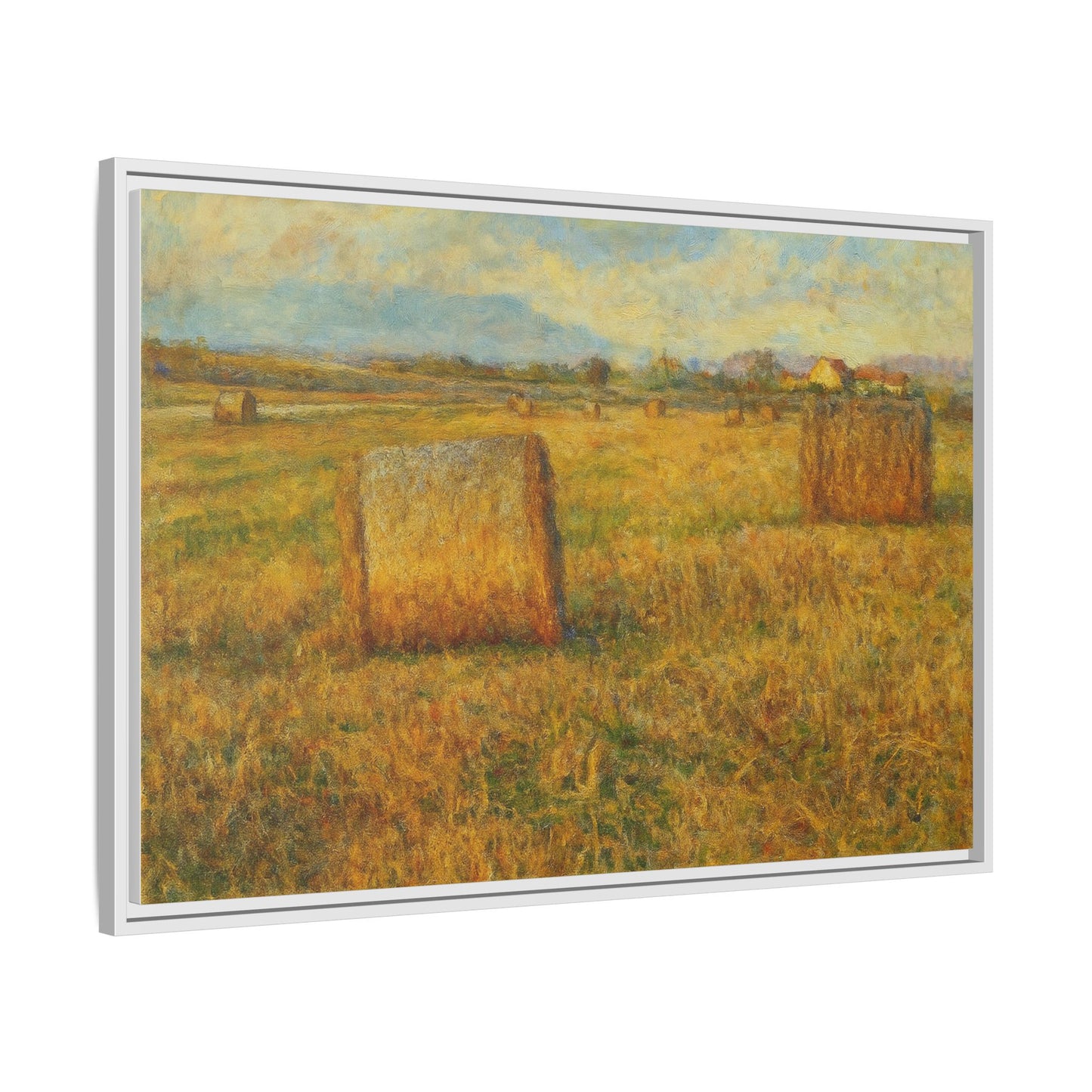 Framed matte canvas wall art featuring a rustic hayfield landscape print by Printify, showcasing natural rural scenery.