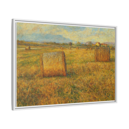 Framed matte canvas wall art featuring a rustic hayfield landscape print by Printify, showcasing natural rural scenery.