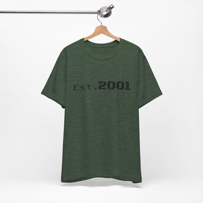 Retro minimalist Est. 2001 graphic T-shirt by Printify featuring a simple birth year design on a casual cotton tee.