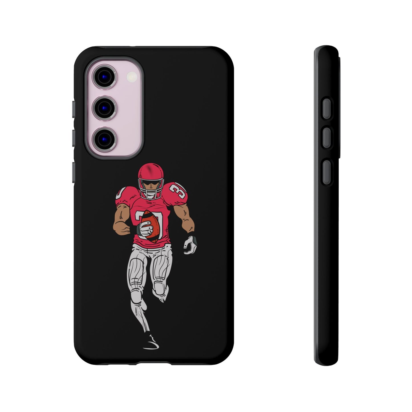 Black football player tough phone case for iPhone, sports-themed protective case by Printify with athletic design.