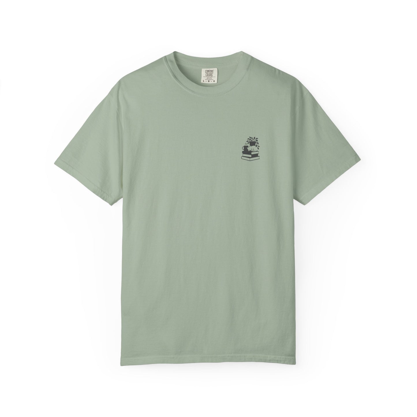 Cozy Cat on Books T-Shirt | Reading Tea Stack Illustration