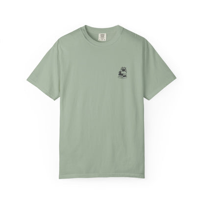 Cozy Cat on Books T-Shirt | Reading Tea Stack Illustration