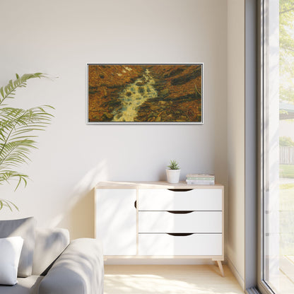 Framed matte canvas print of autumn stream landscape artwork by Printify, showcasing vibrant fall colors and peaceful scenery.