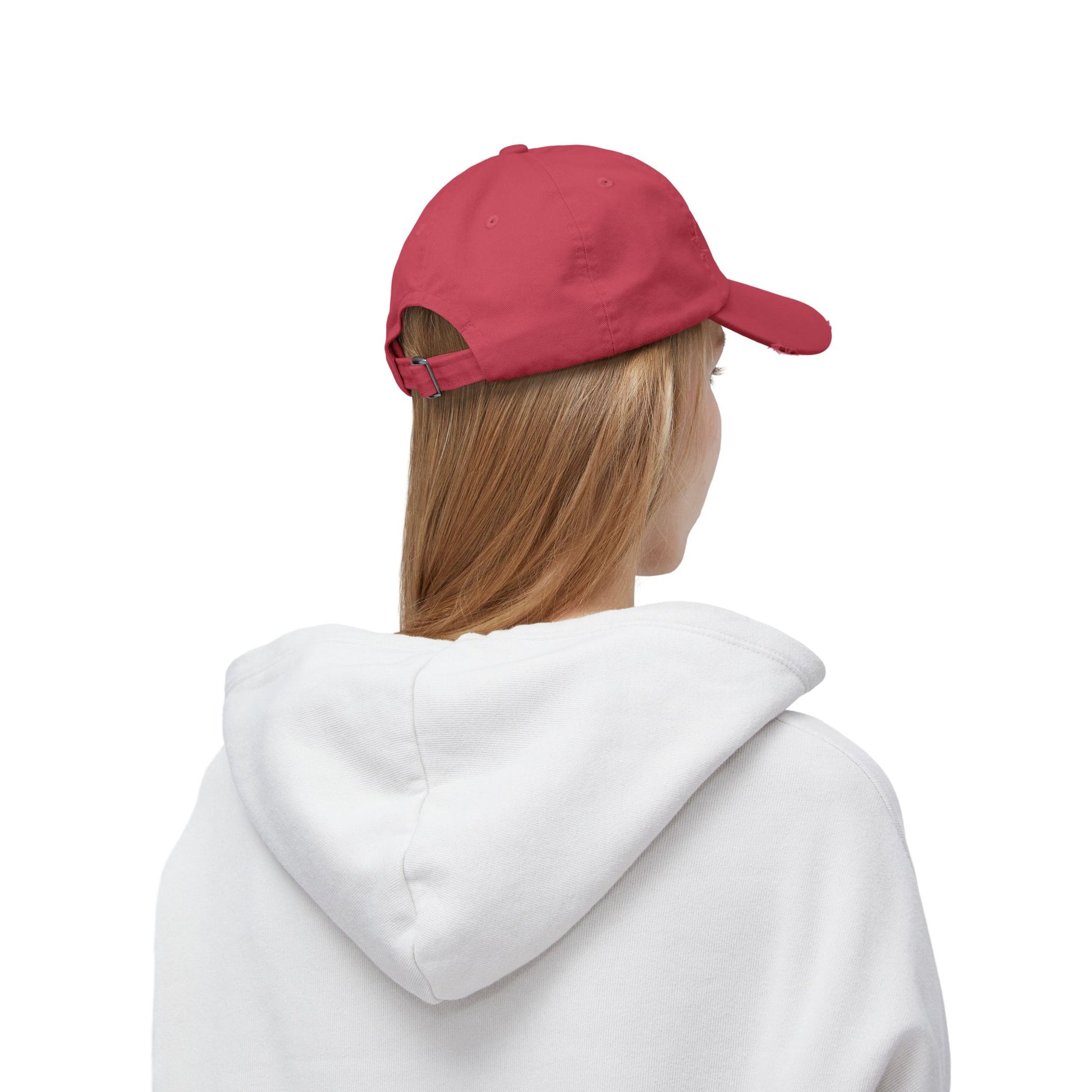 Distressed baseball cap with silhouette batter design, casual hat by Printify, featuring a worn look and sports-themed graphic.