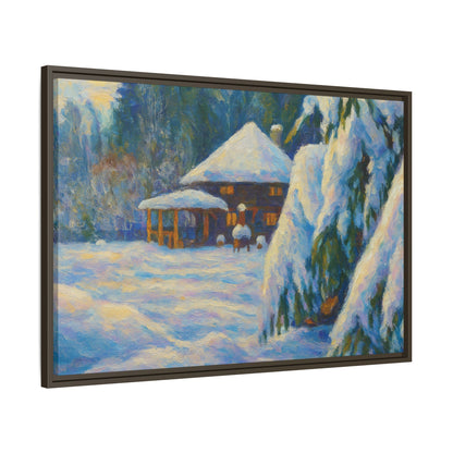 Framed matte canvas wall art featuring a snowy cabin winter landscape, showcasing a serene winter scene by Printify.