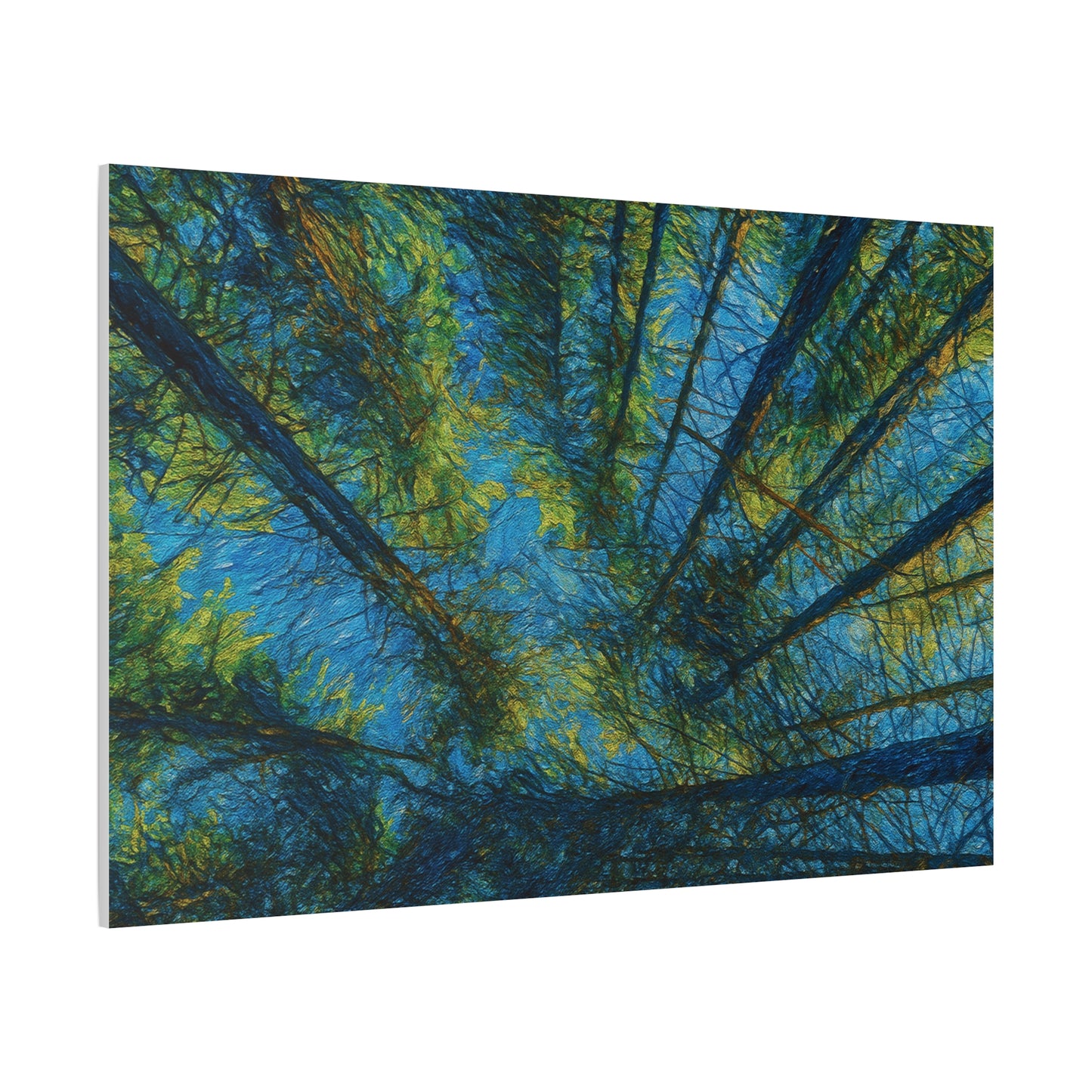 Forest Canopy Matte Canvas Wall Art — Upward View of Trees, Blue & Green Nature Print