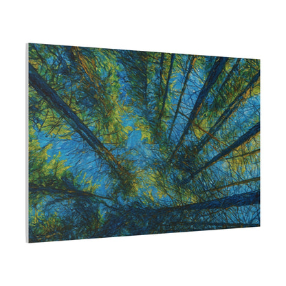 Forest Canopy Matte Canvas Wall Art — Upward View of Trees, Blue & Green Nature Print