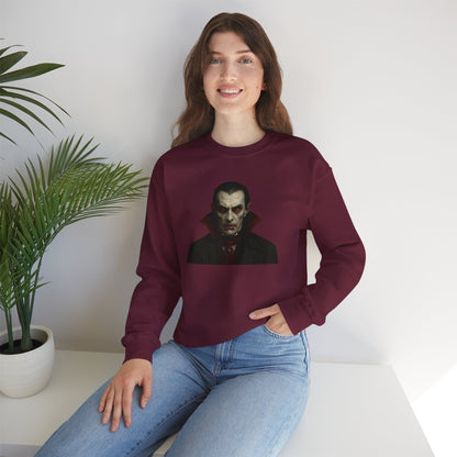 Vampire portrait crewneck sweatshirt from Printify featuring a detailed vampire graphic on a black fabric.