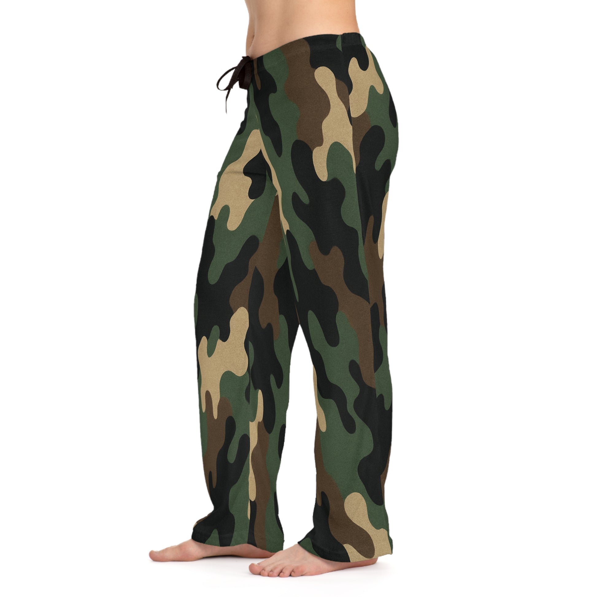 Women's camo lounge pajama pants with wide-leg fit and all-over print, comfortable sleepwear from Printify.
