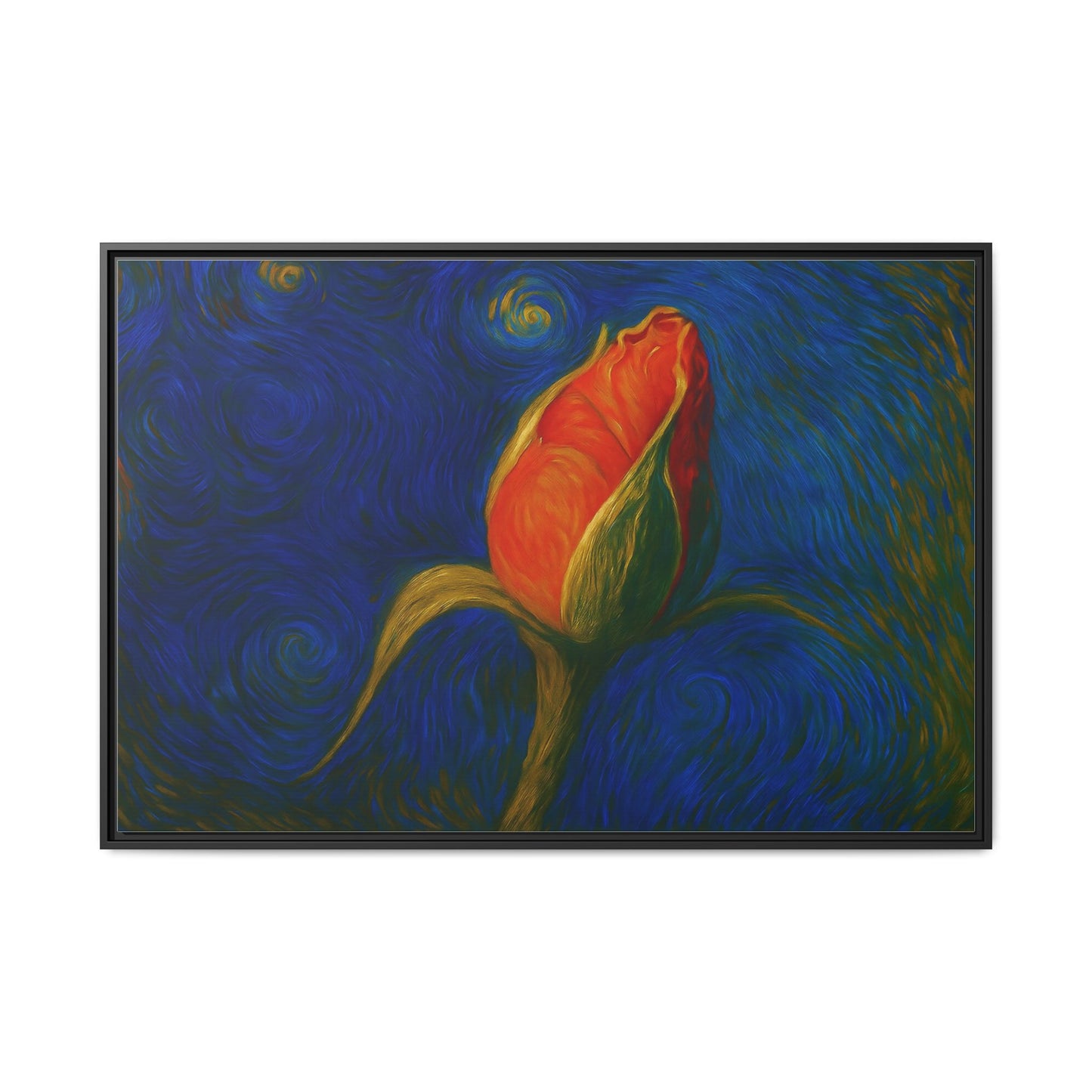 Red rose bud canvas wall art by Printify featuring a framed matte floral painting on canvas.