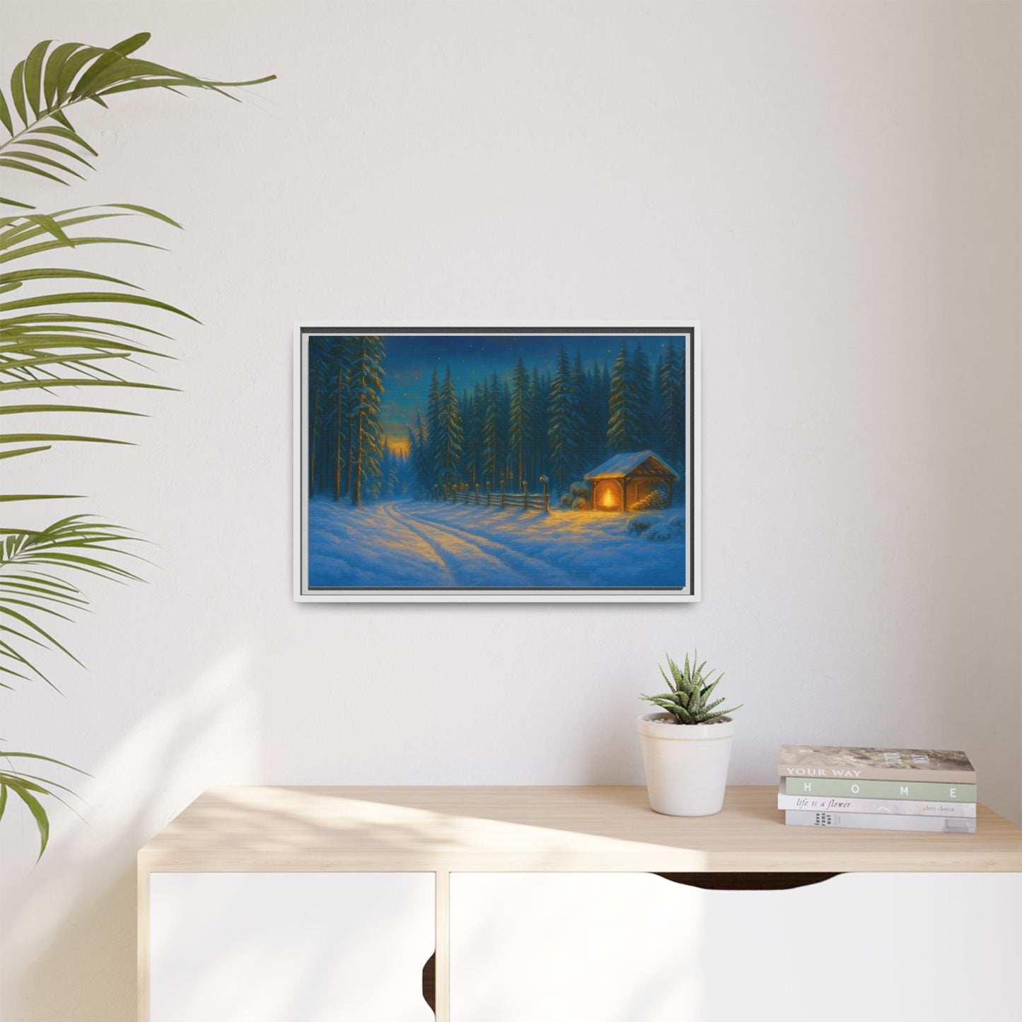 Cozy winter cabin canvas wall art by Printify featuring a snowy forest evening scene, framed matte finish for home decor.