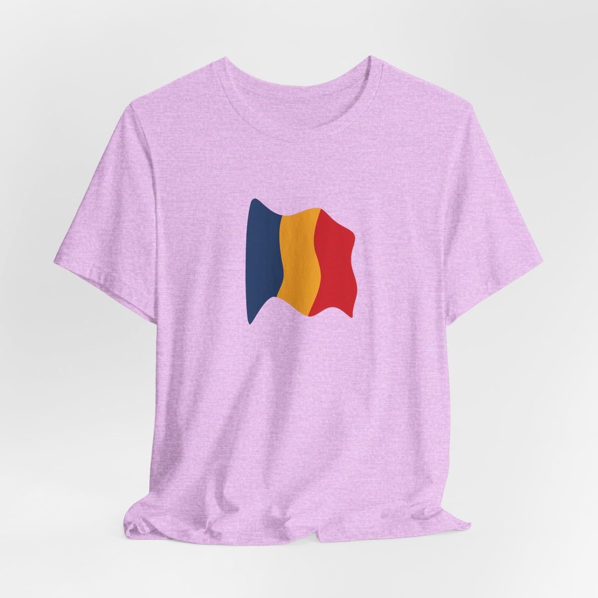 Romania flag T-shirt with minimal waving tricolor design, casual unisex tee by Printify showcasing the Romanian national colors.