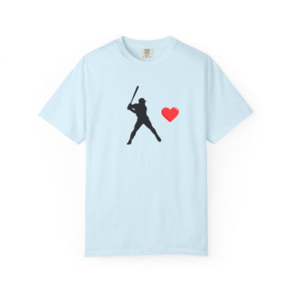 White baseball batter heart T-shirt by Printify featuring a graphic of a batter with a heart design, casual and stylish shirt.