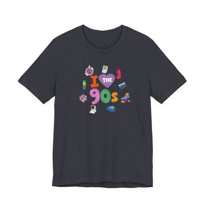 I  Love the 90's Short Sleeve Tee - Retro Graphic Tee, Vintage Style Shirt, Perfect for Casual Outings, 90s Nostalgia Apparel