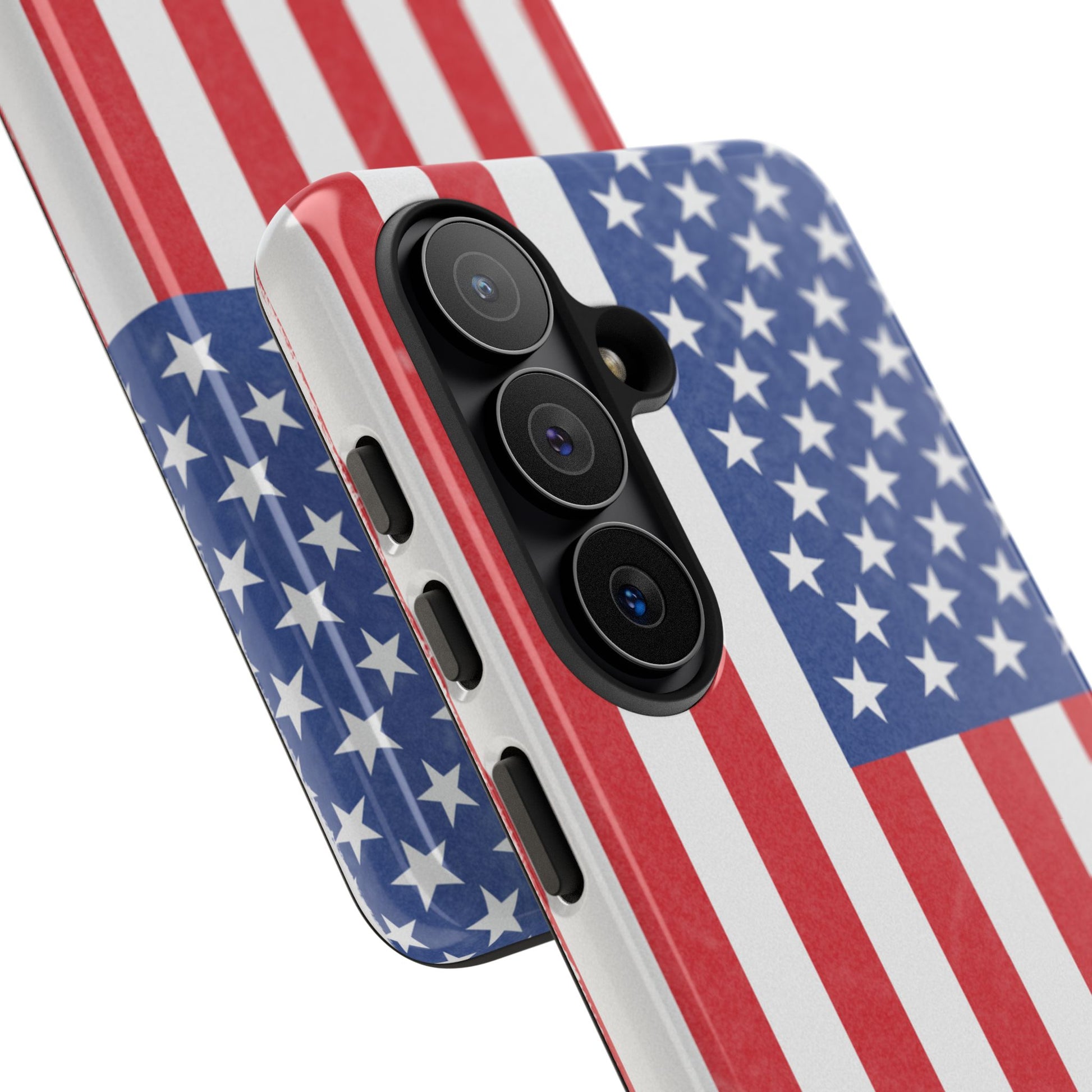 Durable American flag phone case for iPhone with patriotic design, made by Printify, providing rugged protection.