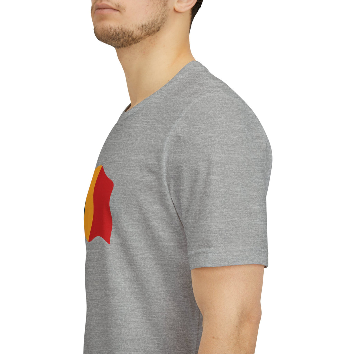 Romania flag T-shirt by Printify featuring a minimal waving tricolor design on a casual T-shirt.