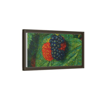 Blackberry still life framed canvas print by Printify showcasing a detailed image of ripe blackberries on a decorative canvas artwork.