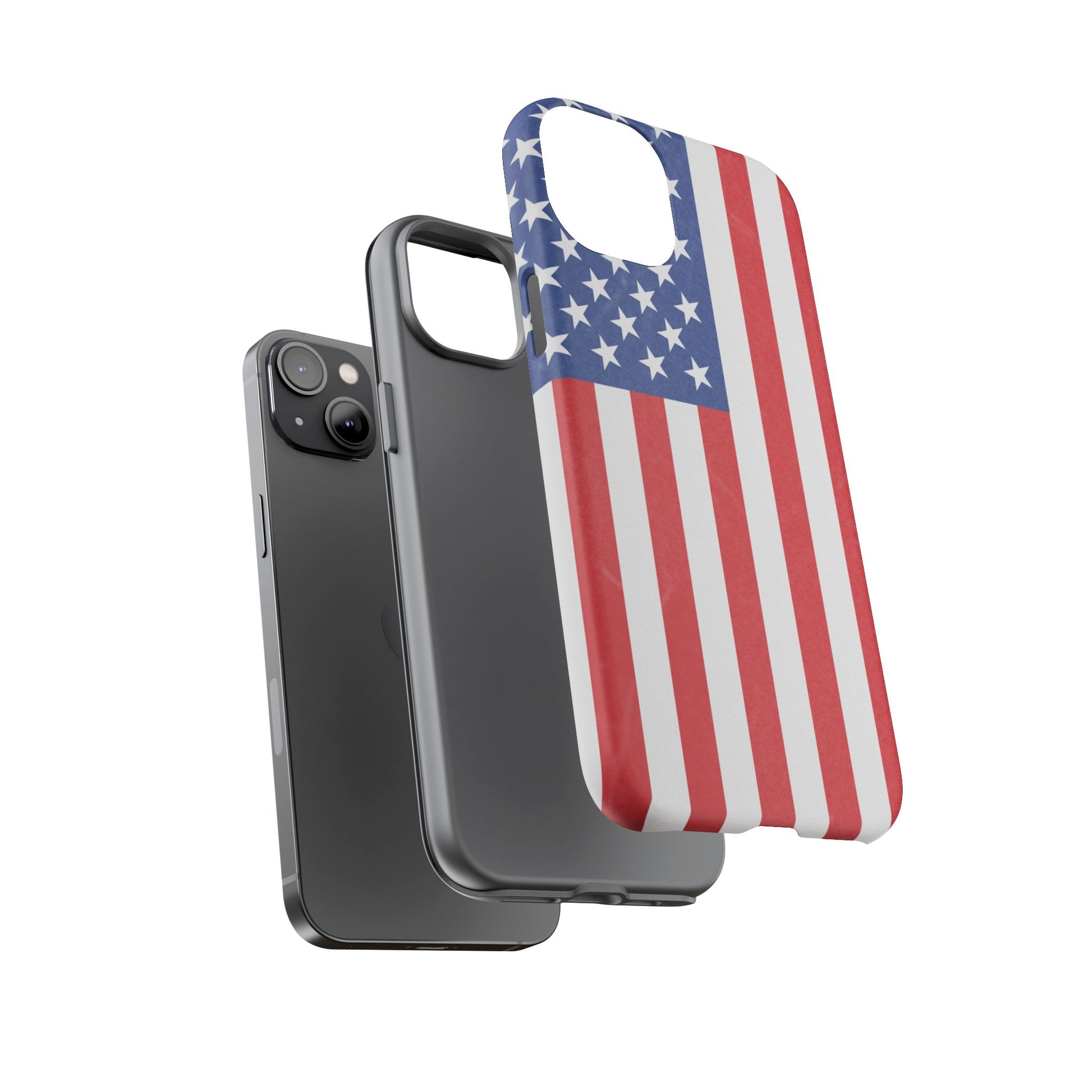 American flag tough phone case for iPhone and Samsung, patriotic protective cover with bold flag design by Printify.