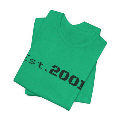 Retro minimalist Est. 2001 graphic T-shirt by Printify featuring a simple design and clean text on a casual crew neck tee.