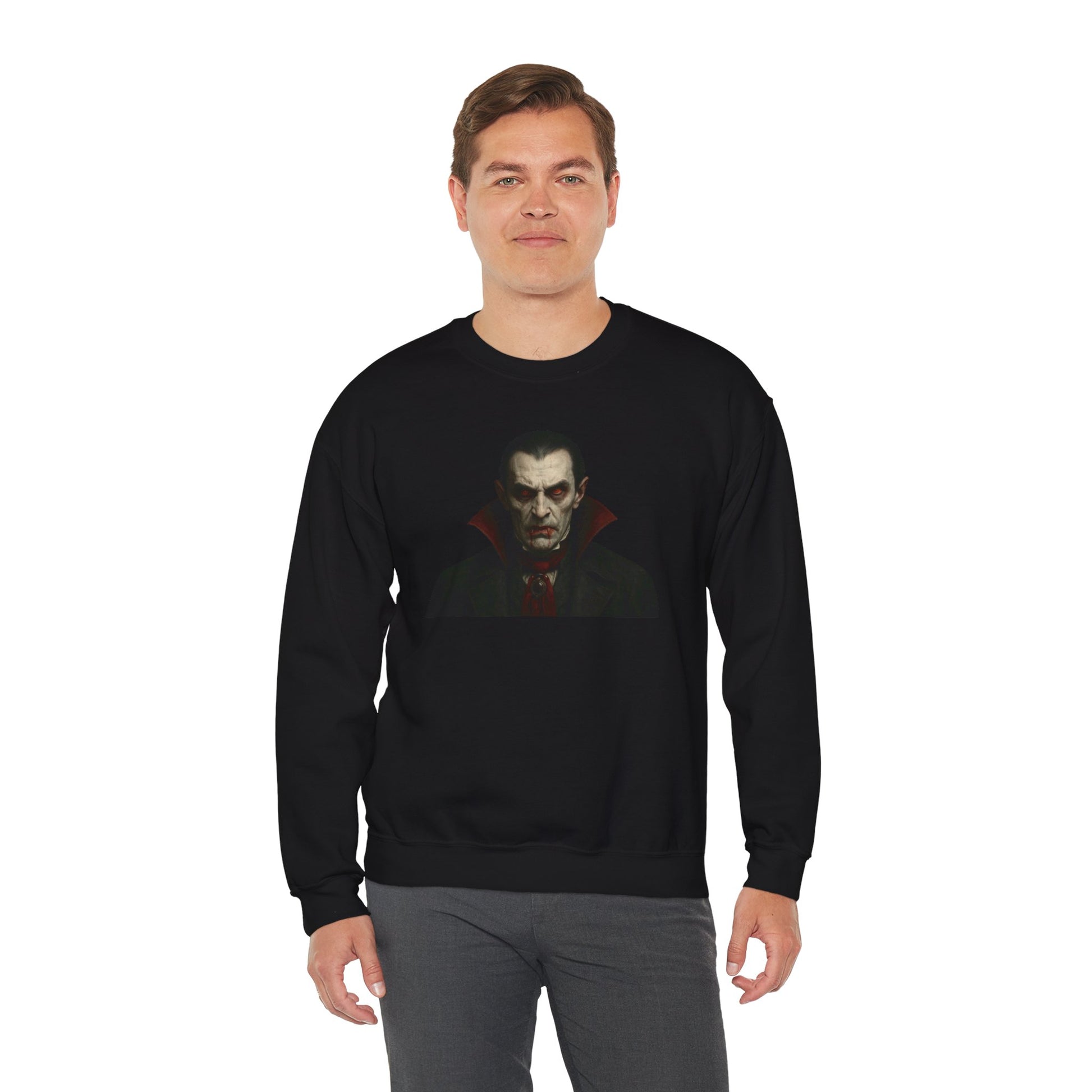 Gothic Horror Sweatshirt, Cozy Vampire Sweatshirt, Spooky Apparel, Halloween Costume Top, Unisex Halloween Sweatshirt - TRV