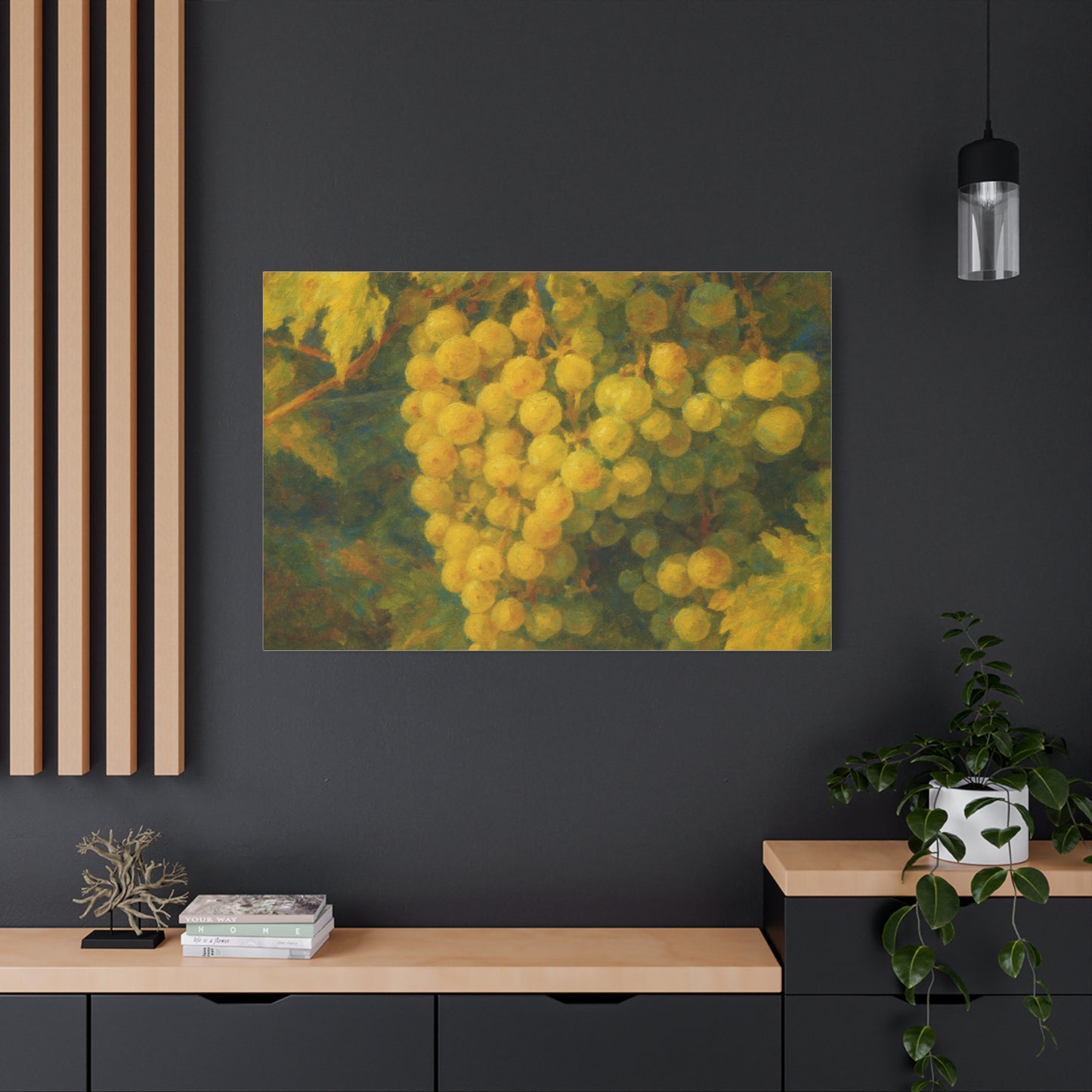 Yellow grape cluster canvas print by Printify, featuring vibrant yellow grapes on a natural-toned canvas background.