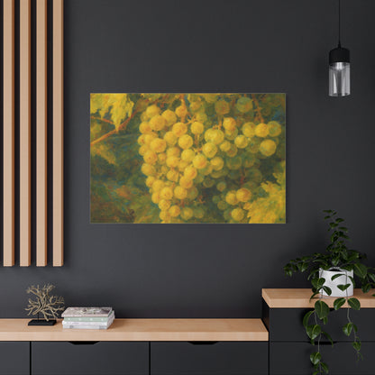 Yellow grape cluster canvas print by Printify, featuring vibrant yellow grapes on a natural-toned canvas background.