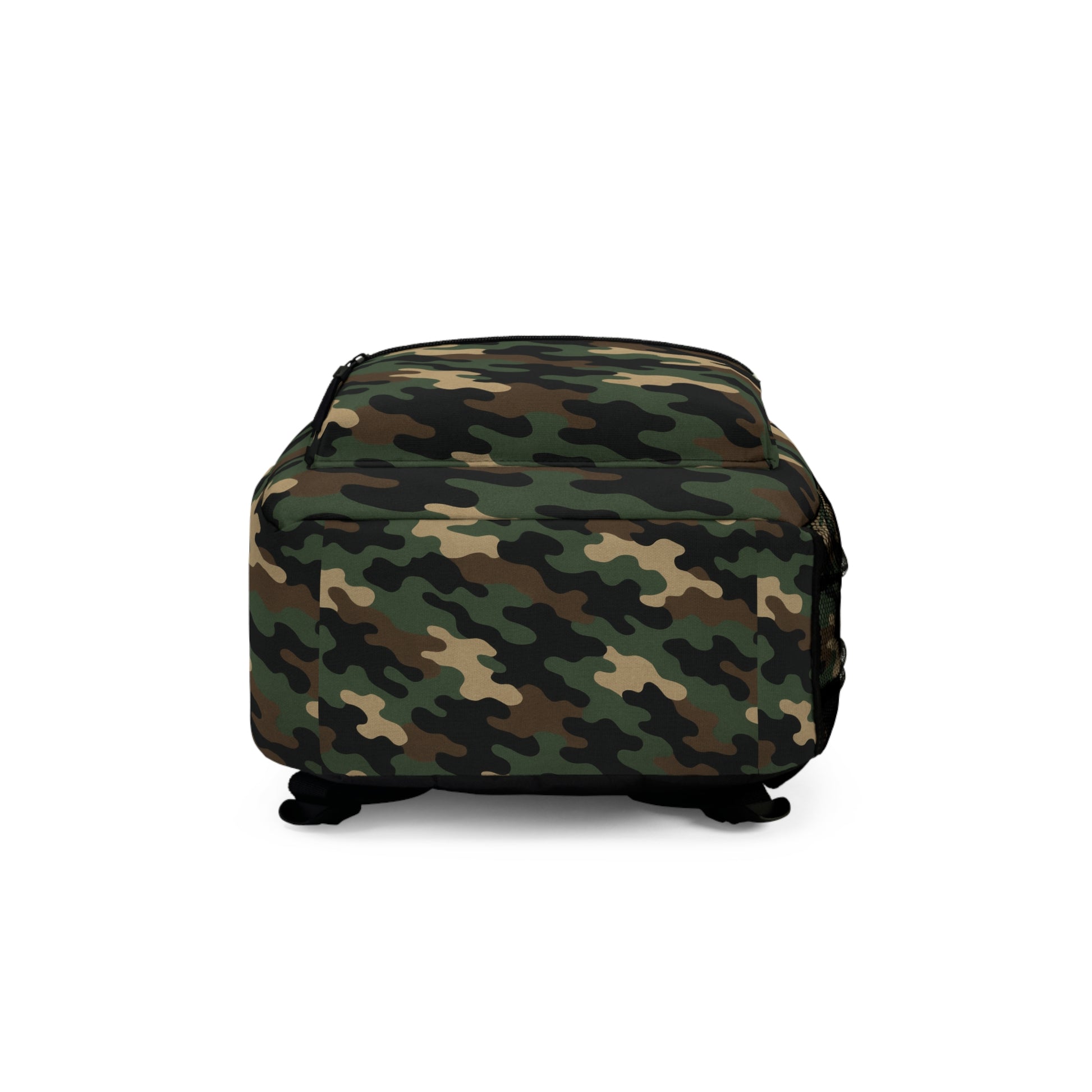Printify camo backpack with rugged design, ideal for school, hiking, and travel, featuring adjustable straps and outdoor-ready style.